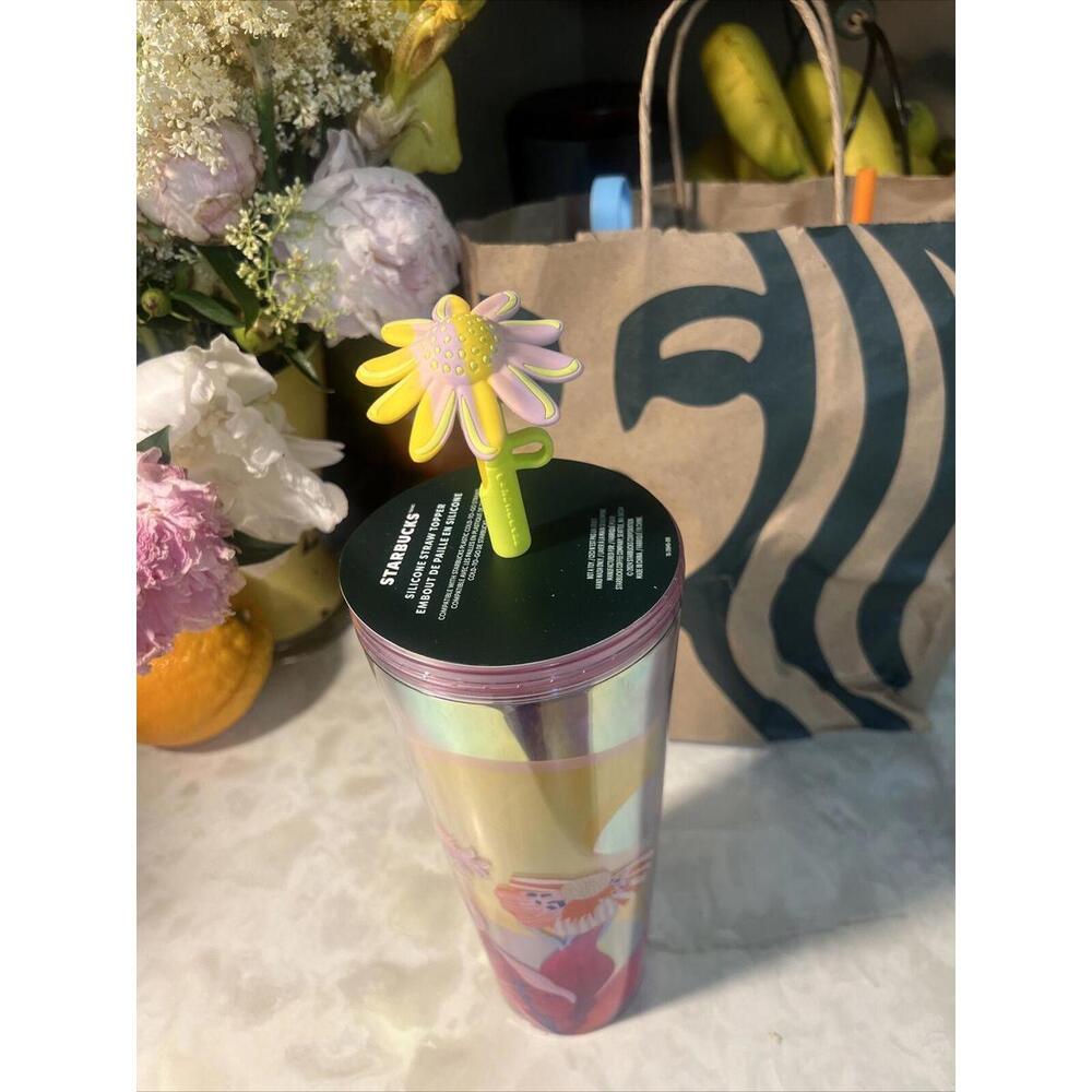 Starbucks Summer Flower Field Straw Topper Venti 24 Oz Cold Cup Tumbler NEW